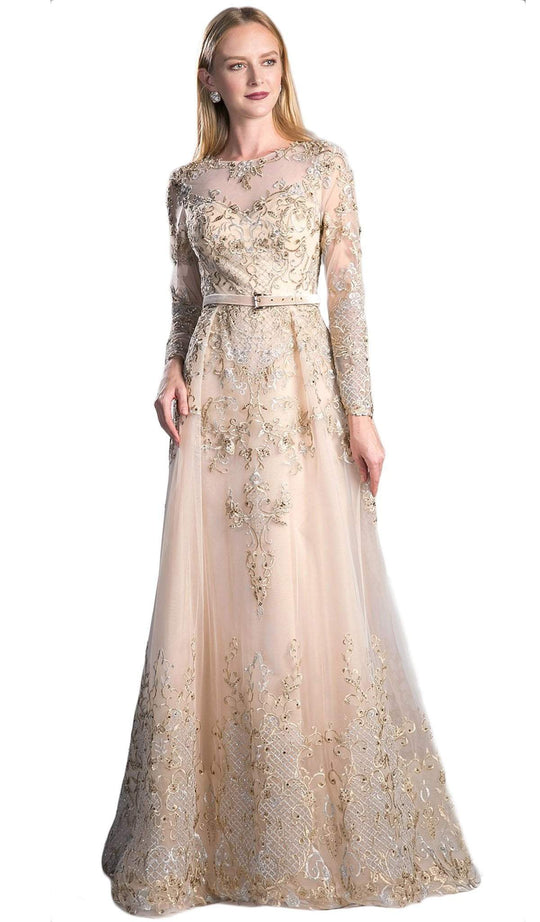 Long Sleeved Embroidered Evening Gown with Belt