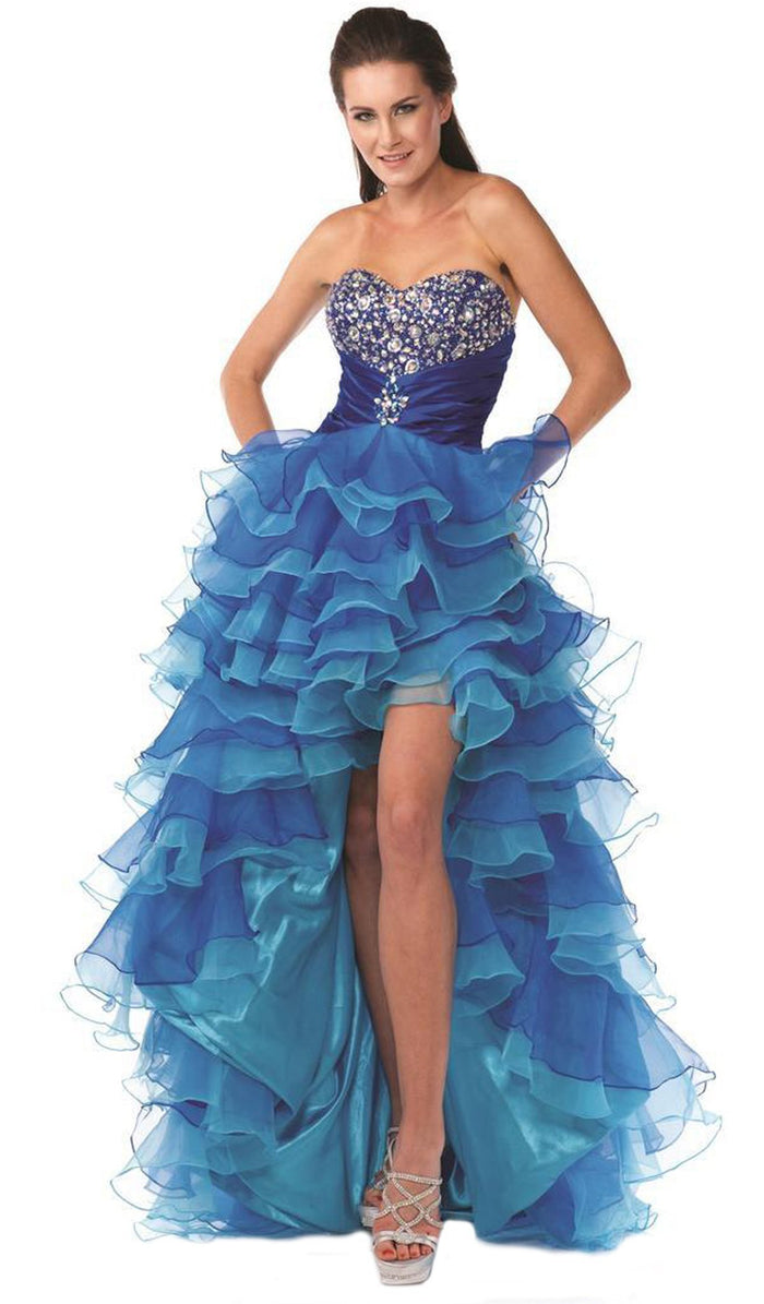 Bejeweled Strapless Ruffled High Low Evening Dress