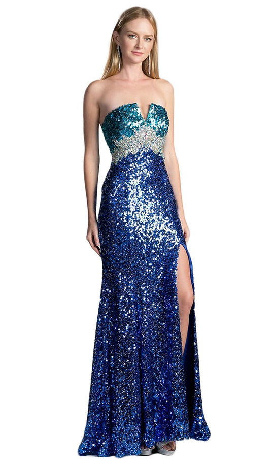 Cinderella Divine - Sequined Fitted Evening Gown with Slit