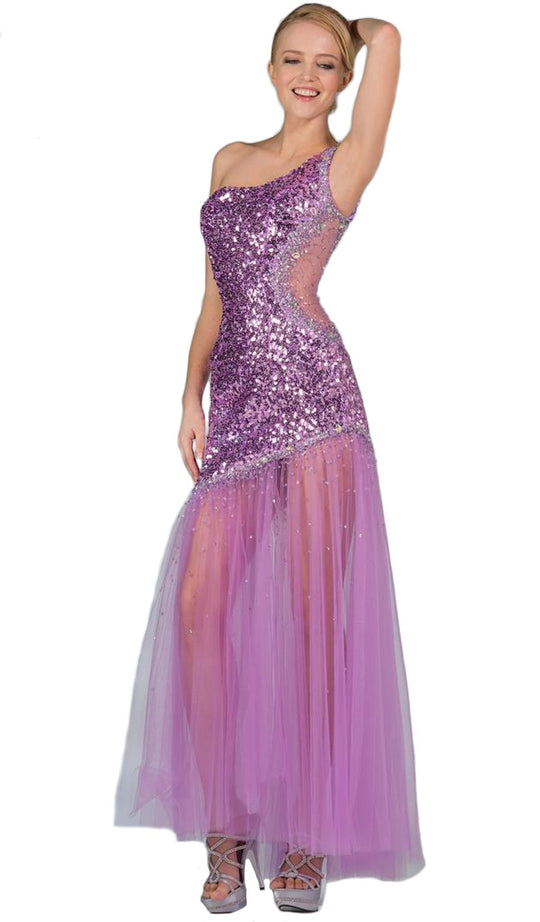 Asymmetric Sequined Sheer A-line Evening Gown