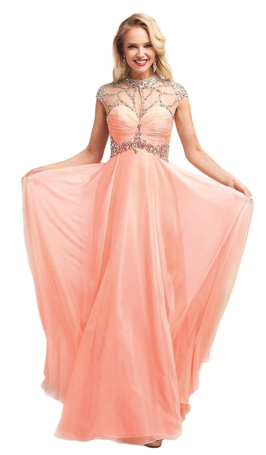 Cinderella Divine - 7959 Sheer Embellished Ruched High Neck Evening Dress