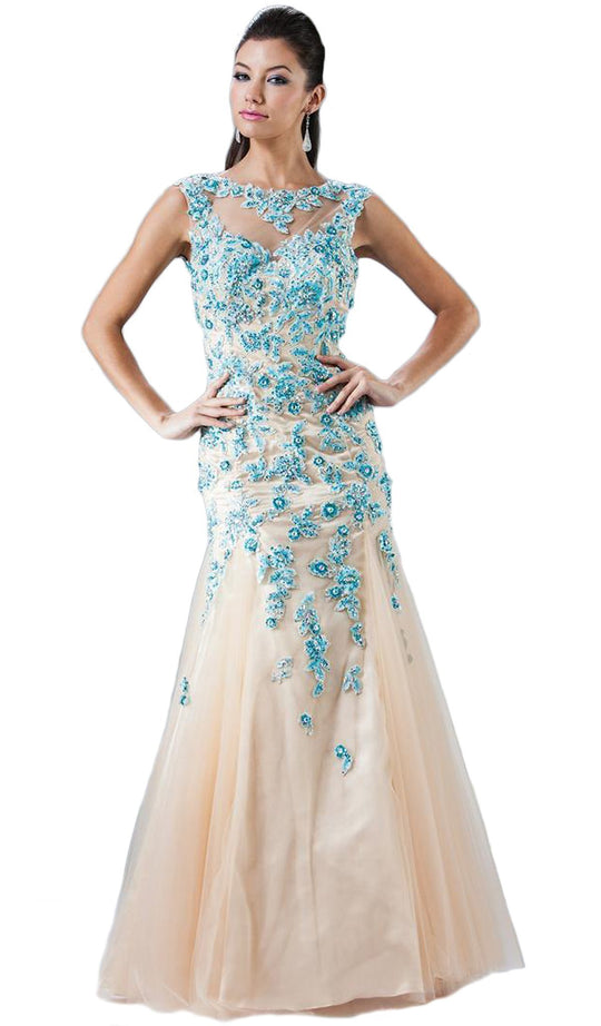Cinderella Divine - Sleeveless Floral Embellished Mermaid Evening Gown