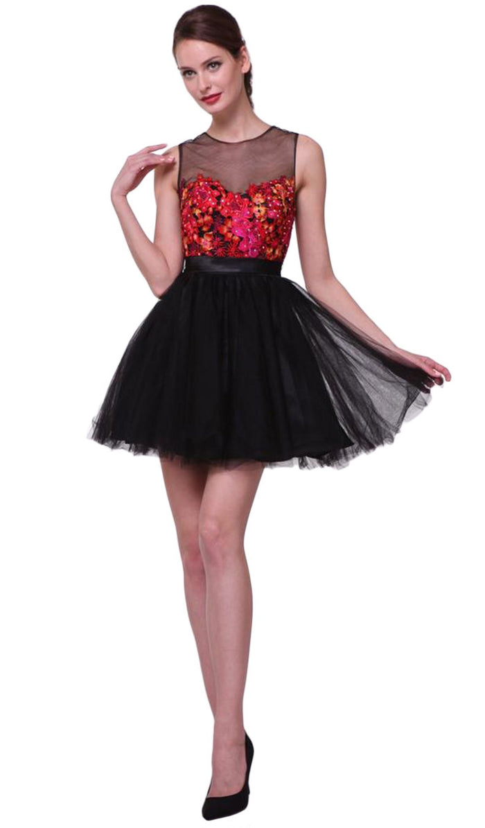 Illusion Jewel Neck Floral Ornate Cocktail Dress