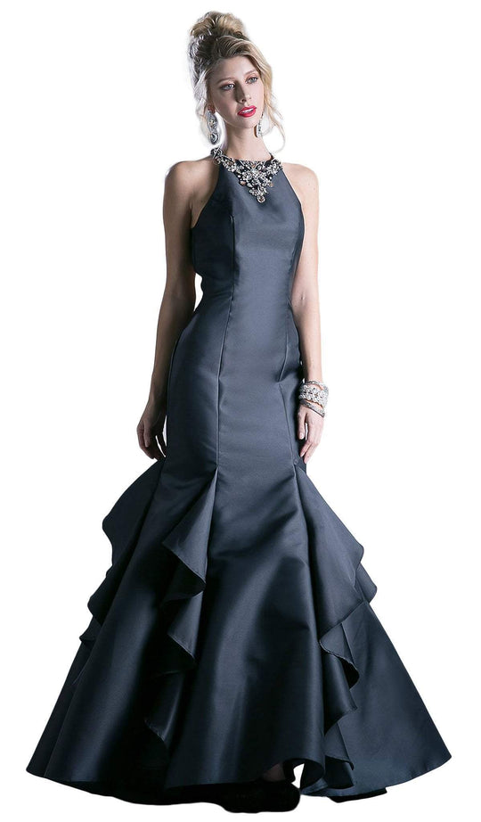 Cinderella Divine - Sleeveless Jeweled Halter Ruffled Mermaid Dress in Black