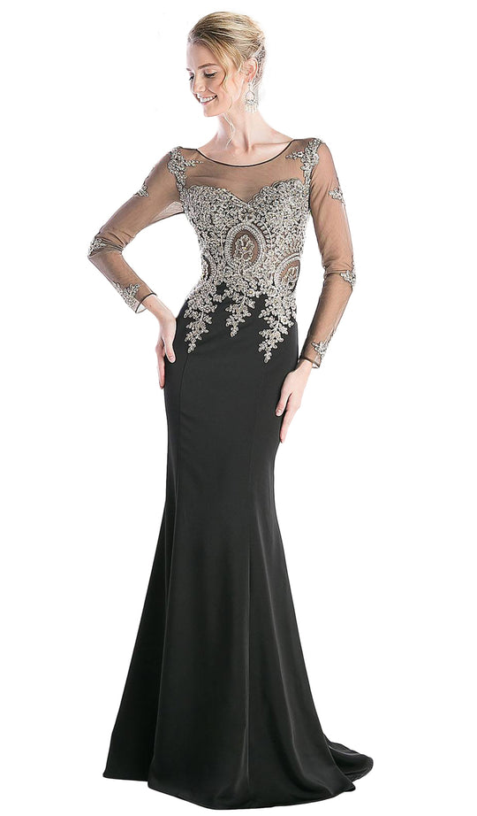 Cinderella Divine Illusion Lace Long Sleeve Trumpet Gown - 1 pc Black In Size 16 Available In Black