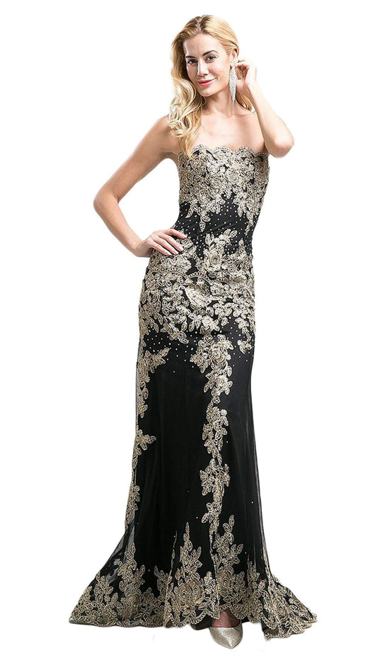 Gold Applique Scalloped Neck Sheath Dress