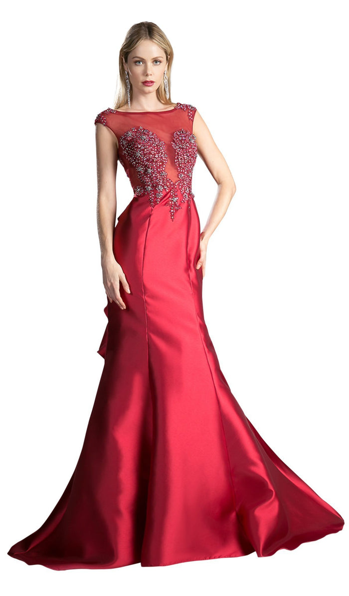 Cap Sleeve Appliqued Plunging Illusion Gown
