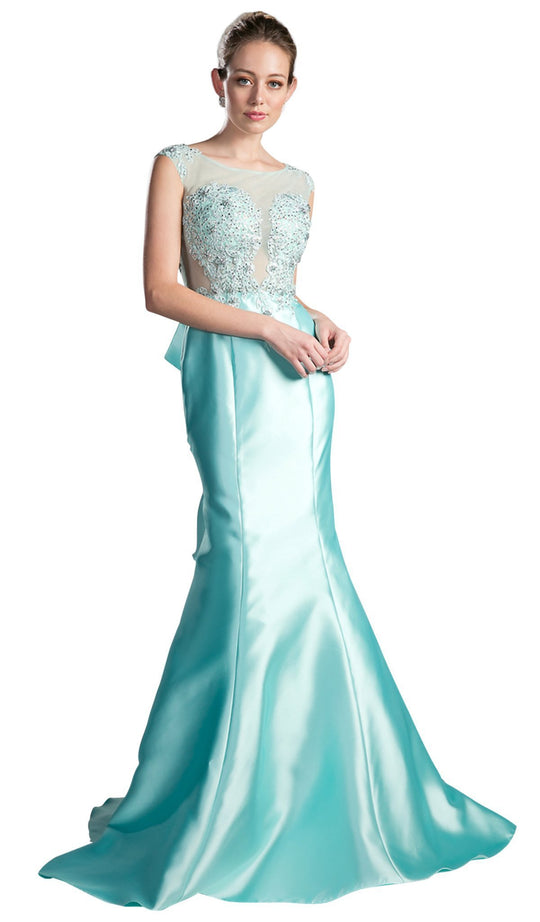 Cap Sleeve Appliqued Plunging Illusion Gown