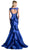 Cinderella Divine - Cap Sleeve Appliqued Plunging Illusion Gown in Blue