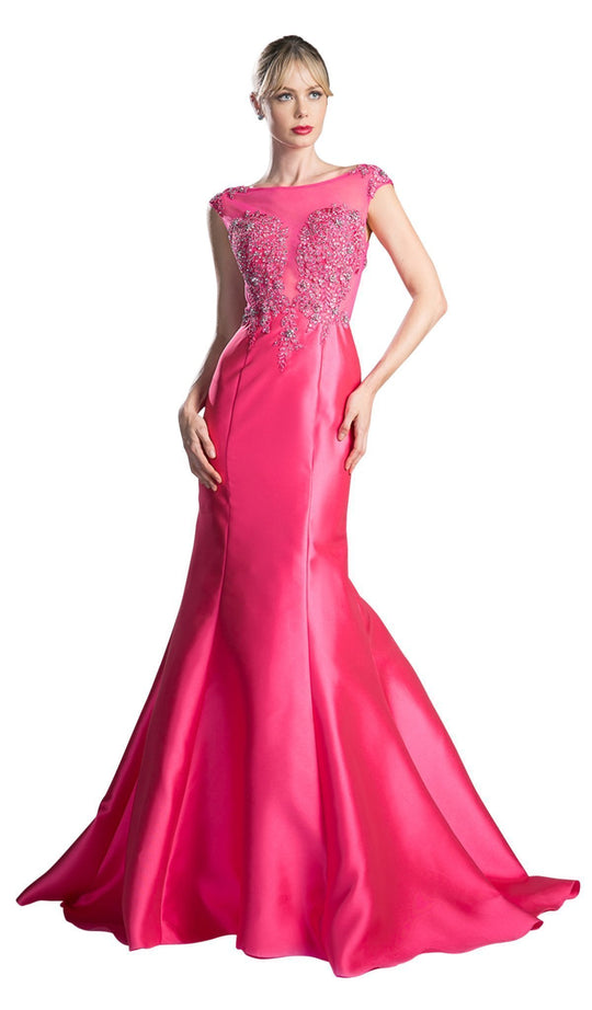 Cinderella Divine - Cap Sleeve Appliqued Plunging Illusion Gown in Pink