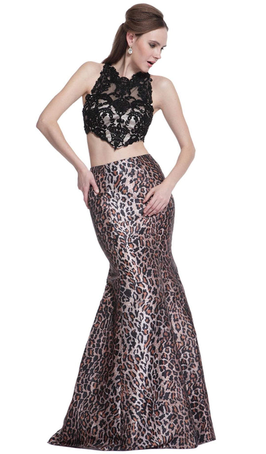 Lace Sleeveless Two-Piece Print Mermaid Evening Gown