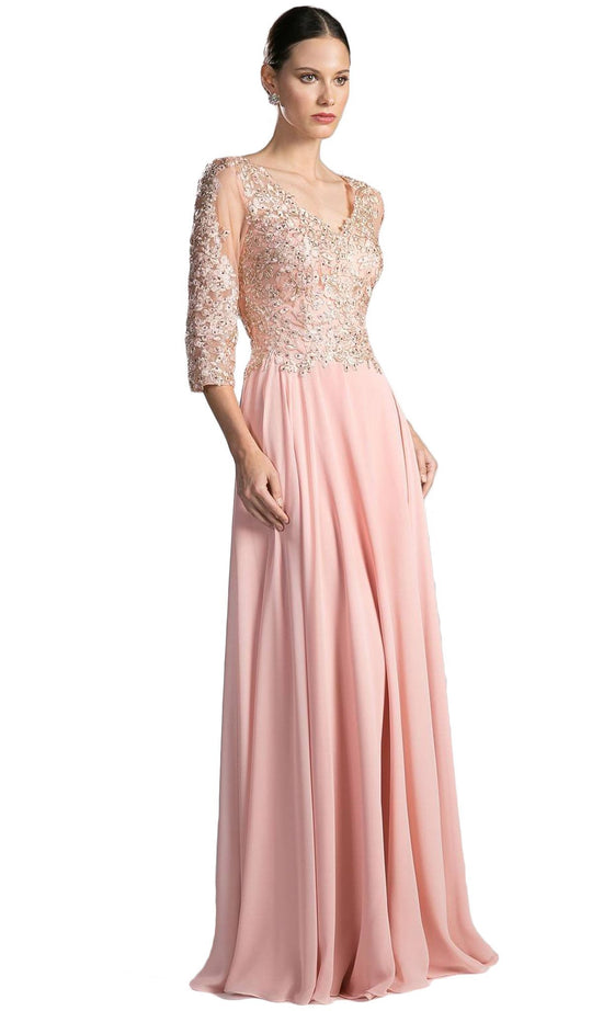 Cinderella Divine - Beaded Lace V-neck Chiffon A-line Evening Dress