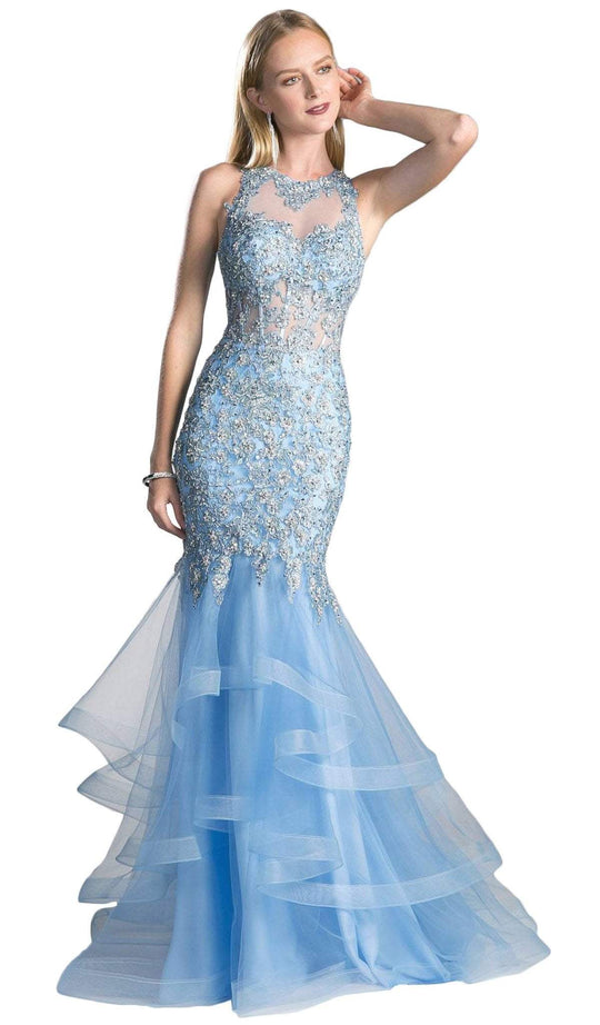 Beaded Sheer Tiered Mermaid Evening Dress