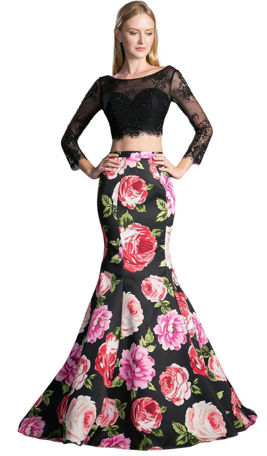 Two Piece Lace Floral Mermaid Evening Dress