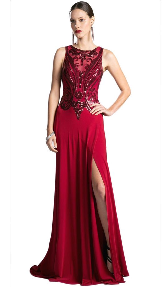 Sequined Sleeveless Sheath Evening Gown with Slit