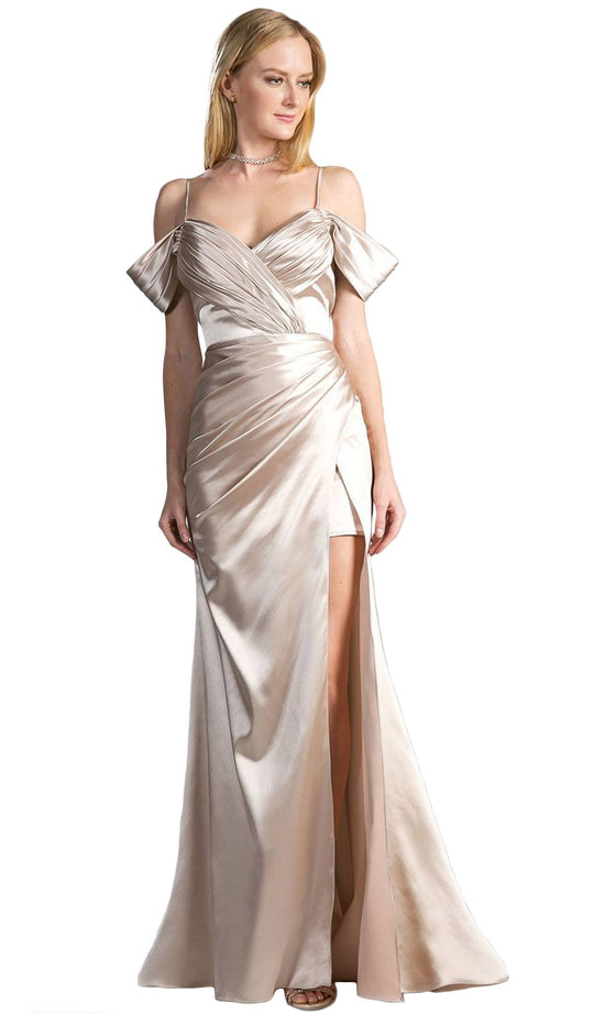 Cinderella Divine - CF297 Pleated Vneck Satin A-line Evening Dress With Slit