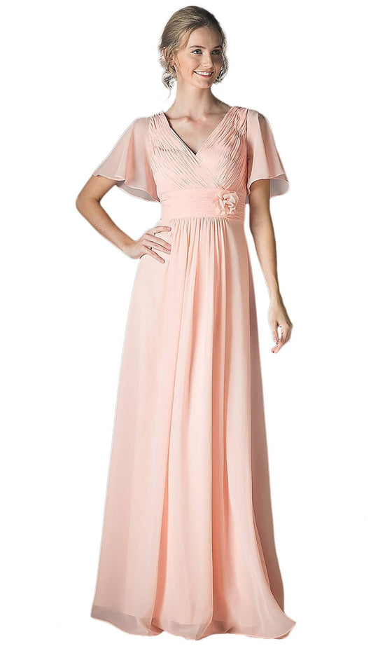 Cinderella Divine - Rosette Accented Ruched V-neck A-line Dress in Pink