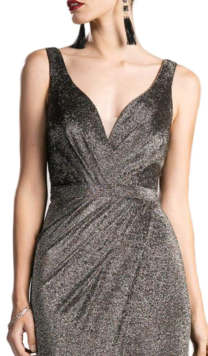 Ruched V-neck Shimmer Fabric Sheath Dress