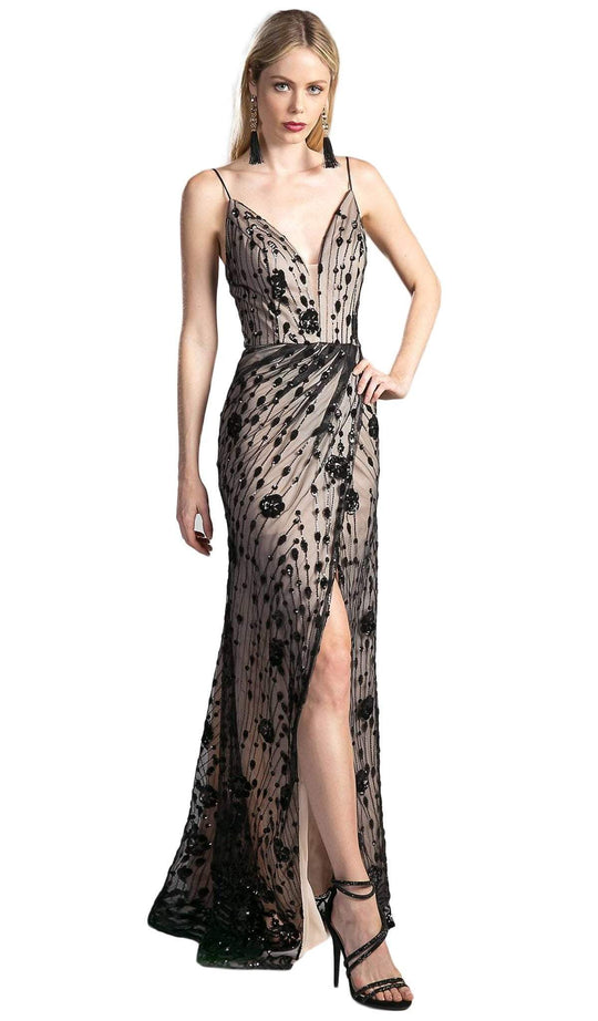 Sequined Deep V-neck Sheath Prom Dress With Slit