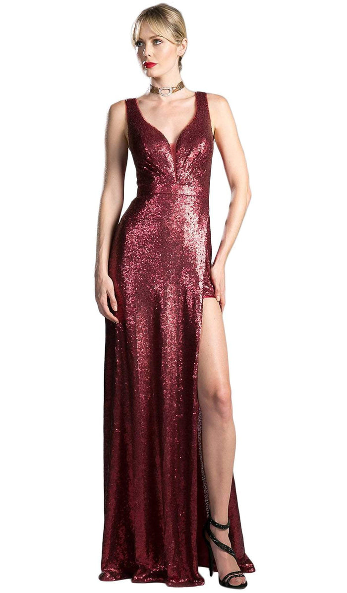 Fitted V Neck Evening Dress with Slit