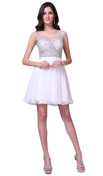 Cinderella Divine - CJ90S Sheer Illusion Neckline Beaded Chiffon Cocktail Dress In White