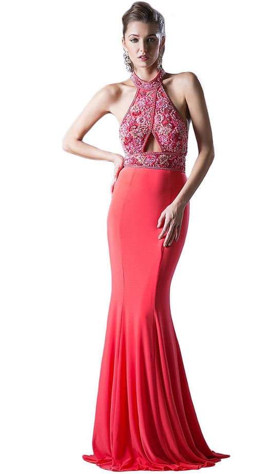 Cinderella Divine - Embellished High Halter Evening Dress