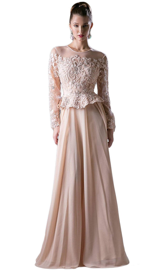 Long Sleeve Embellished Peplum A-line Evening Gown