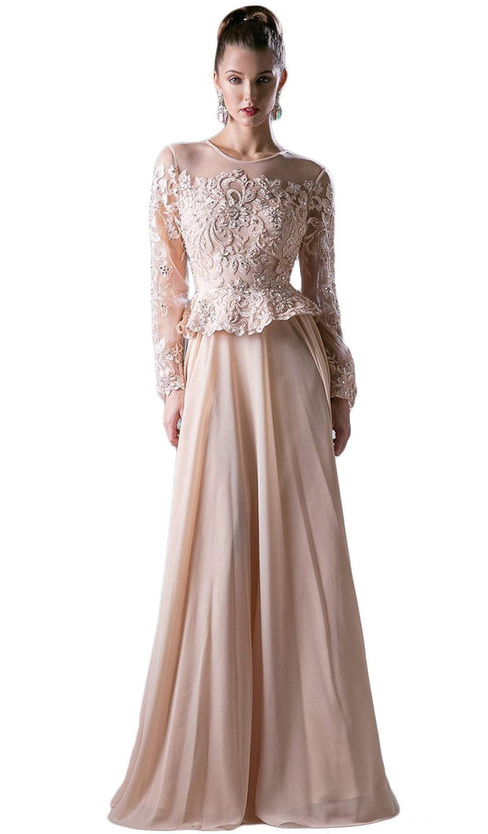 Cinderella Divine - CR772 Long Sleeve Embellished Peplum A-line Evening Gown in Neutral