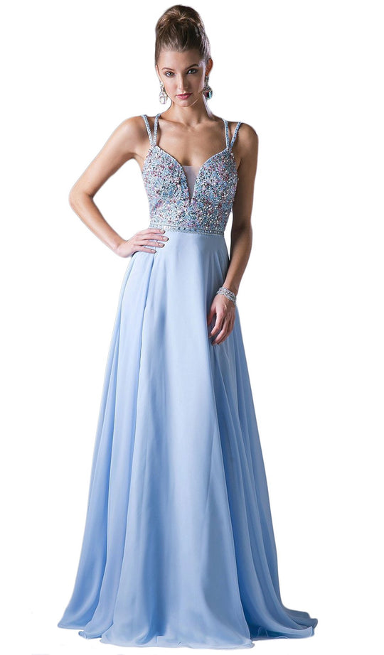 Cinderella Divine - Strappy Beaded Plunging Chiffon Evening Dress