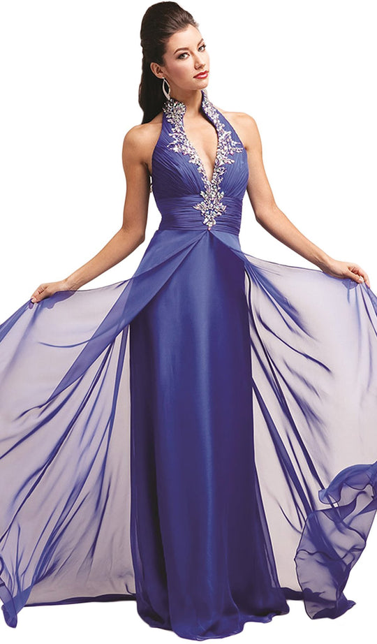 Crystal Embellished Ruched High Neck Evening Dress