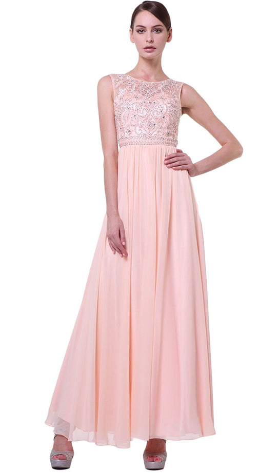 Cinderella Divine - Embellished Jewel Neck A-line Chiffon Evening Gown