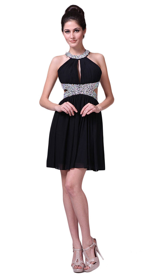 Sleeveless Jeweled Halter Neck Cocktail Dress