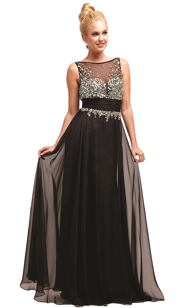 Rhinestone Embellished Sheer Chiffon Evening Dress