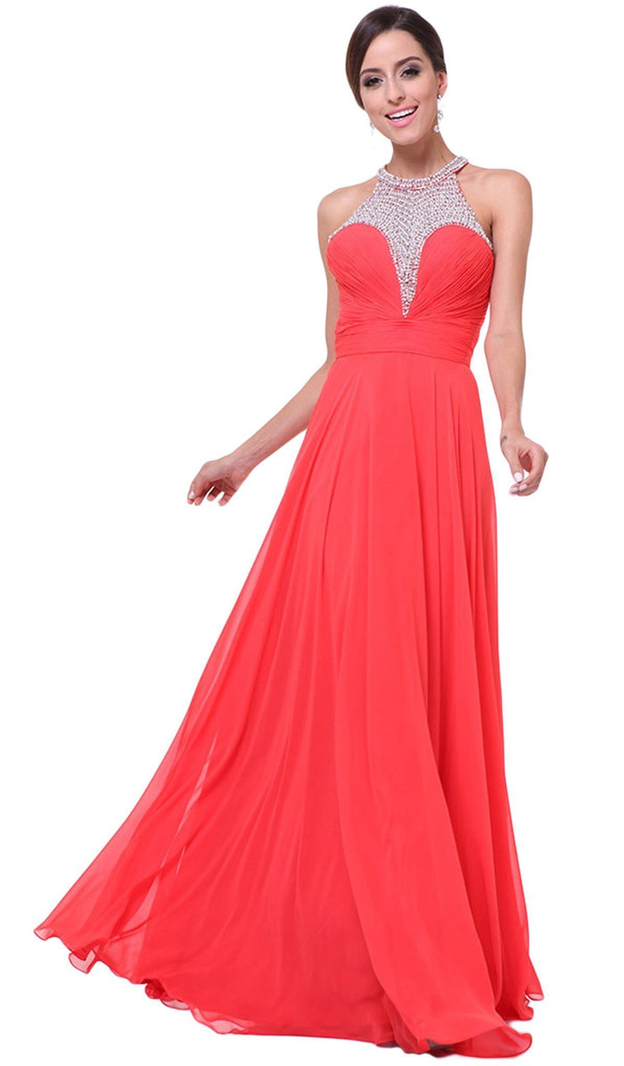 Bead Embellished High Halter Evening Dress