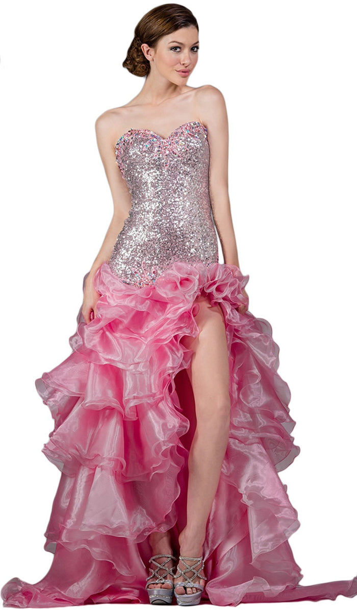 Strapless Sequined Ruffled Evening Gown