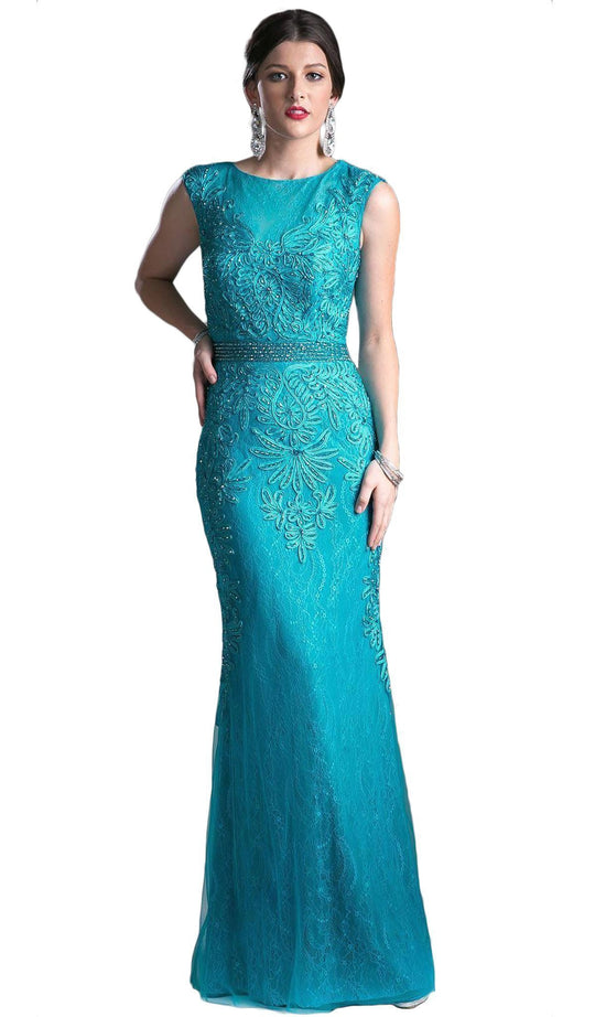 Cinderella Divine - Cap Sleeve Illusion Jewel Soutache Lace Evening Gown in Green