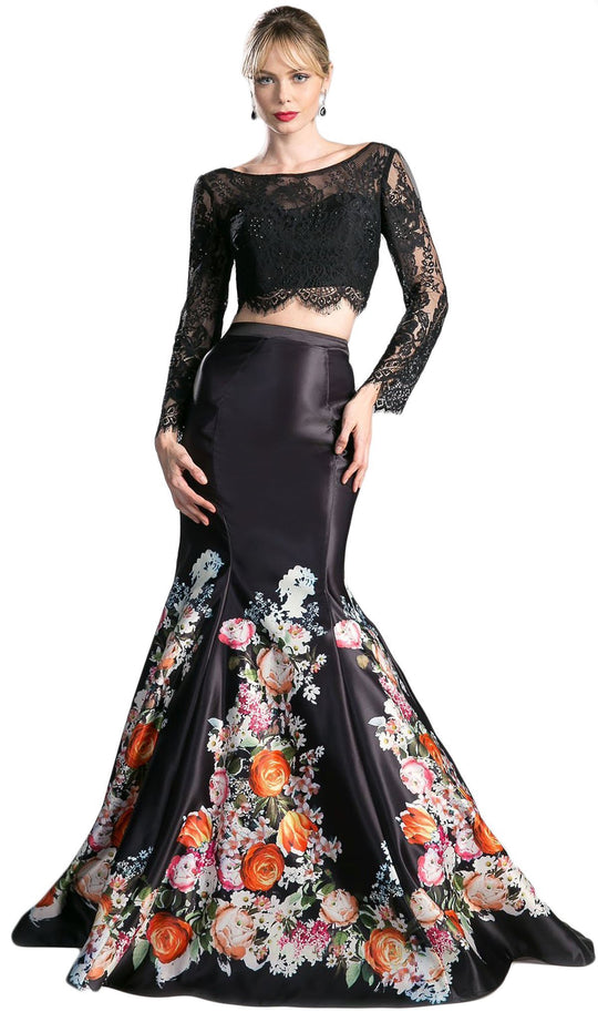 Long Sleeve Two-Piece Floral Evening Gown
