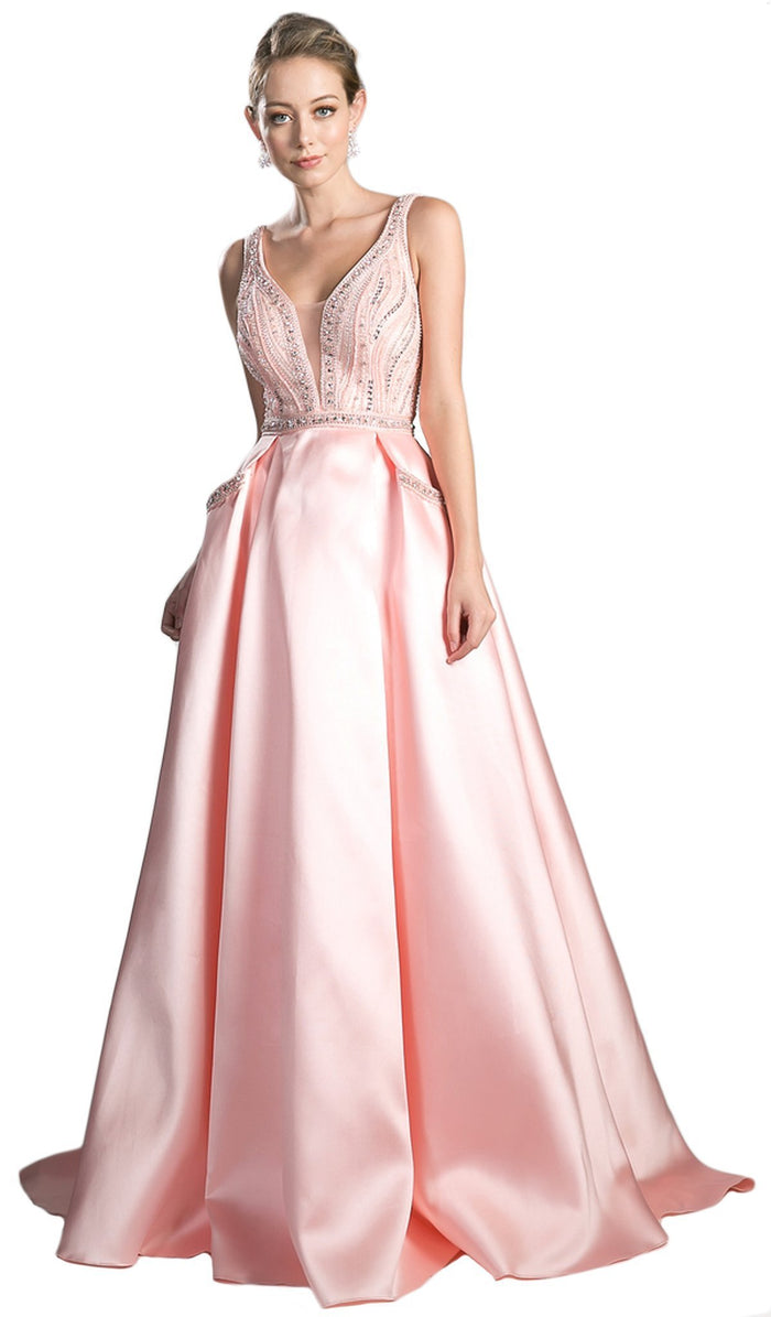 Beaded Deep V-neck Satin Evening Gown