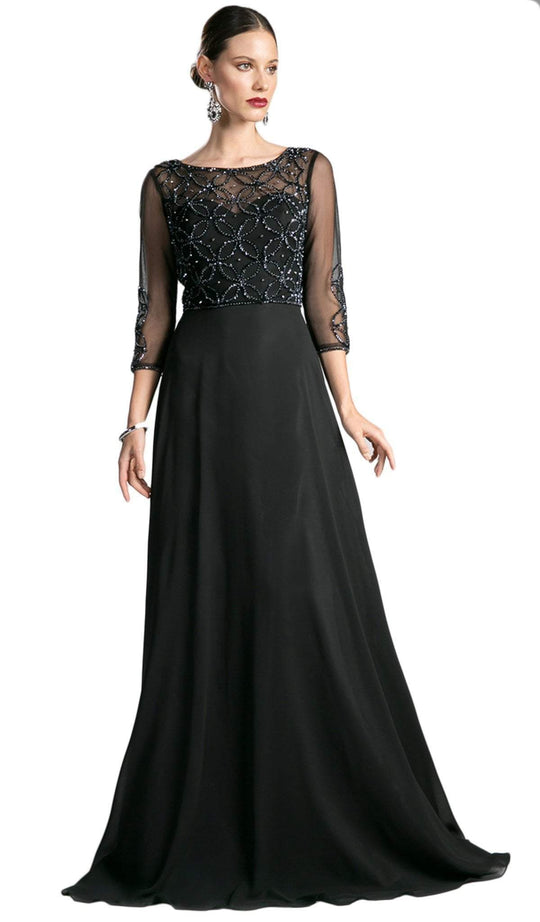 Cinderella Divine - Quarter-Length Sleeves Beaded Chiffon Evening Gown