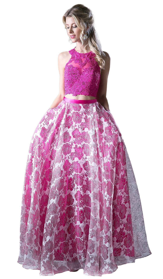 Cinderella Divine - Two Piece Sequined Floral Printed A-line Gown in Pink