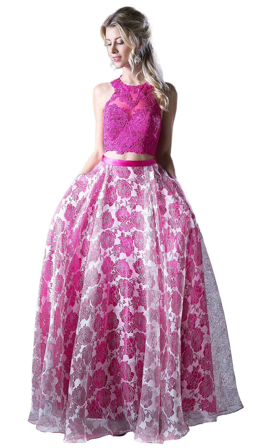 Two Piece Sequined Floral Printed A-line Gown