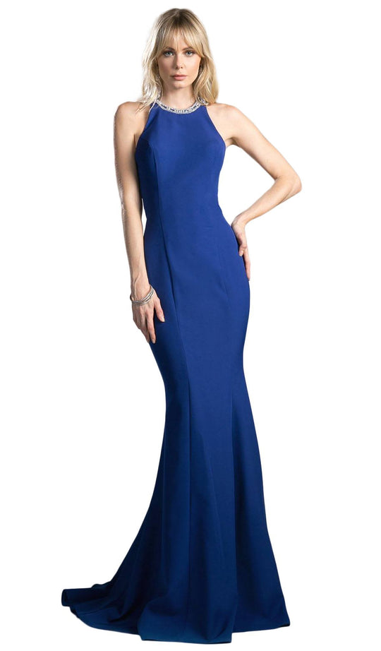 Cinderella Divine - Beaded Halter Neck Jersey Sheath Prom Dress