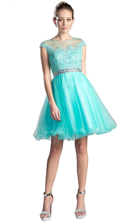 Illusion Shoulders Ruffled Hem Cocktail Dress