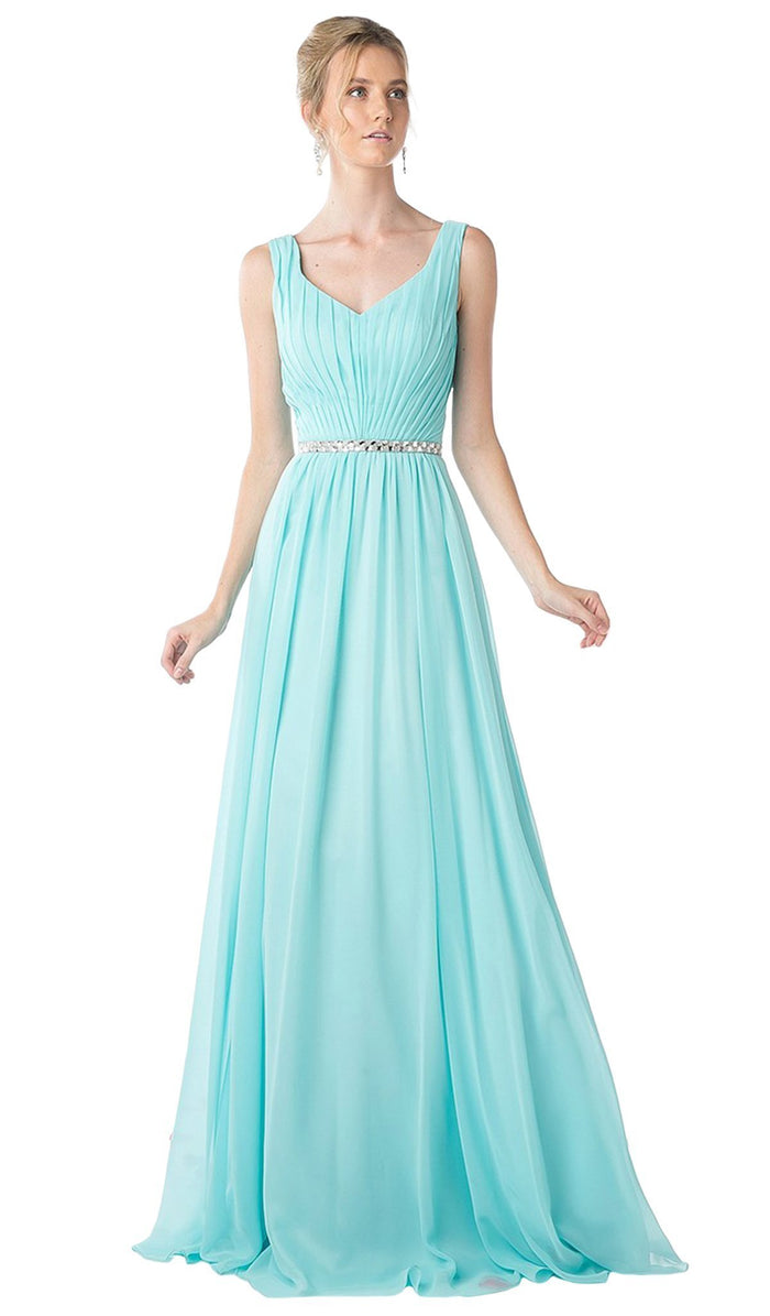 Sleeveless Pleated V-Neck Bodice A-Line Gown