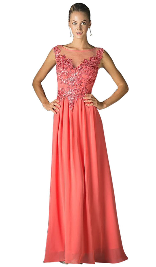 Appliqued Illusion Bateau Chiffon Evening Gown