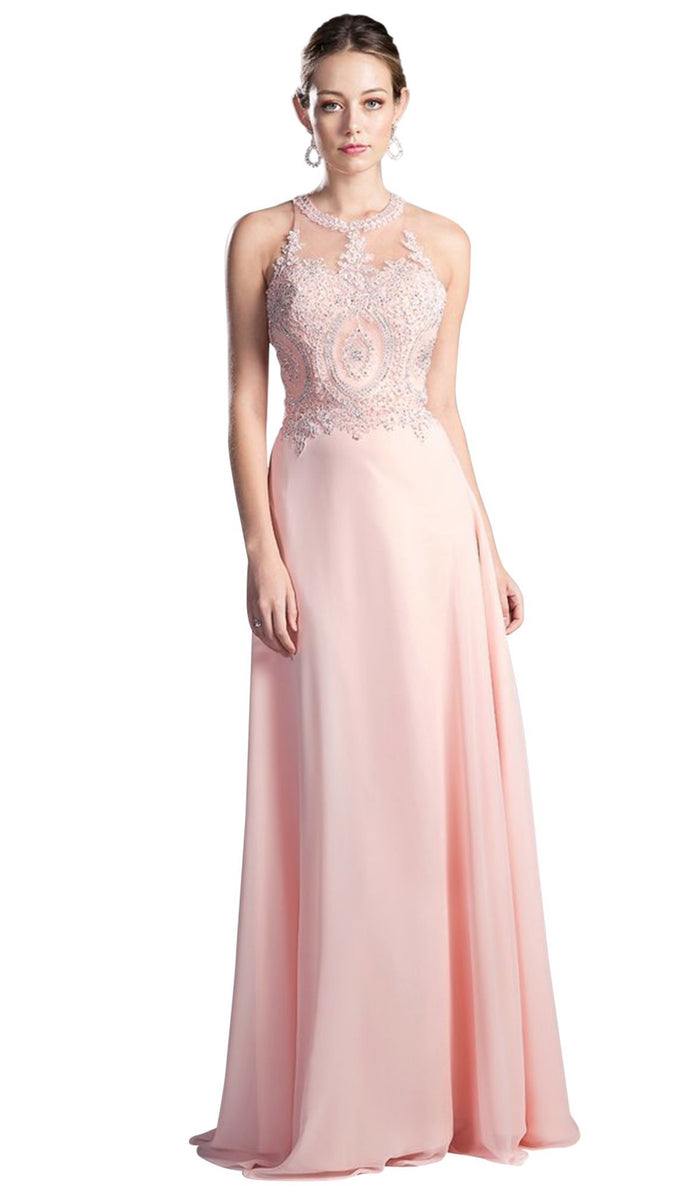 Illusion Jewel Tonal Appliqued Long Evening Gown