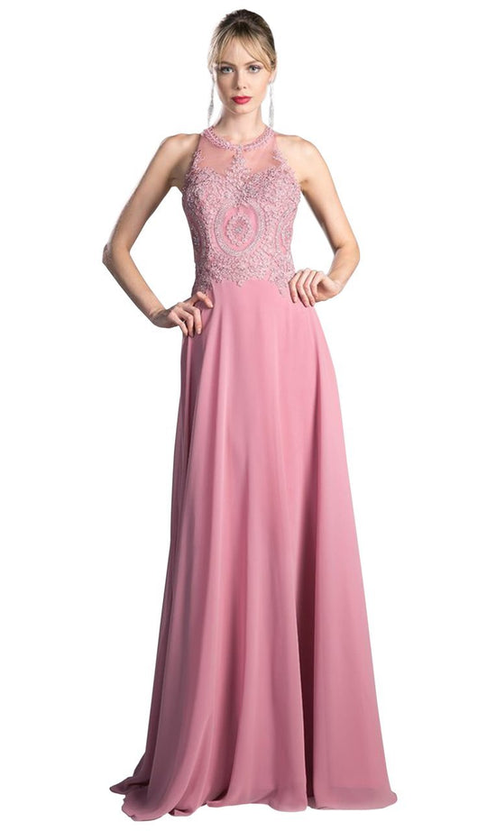 Long Illusion Jewel Tonal Appliqued Evening Gown UJ0120 In Pink