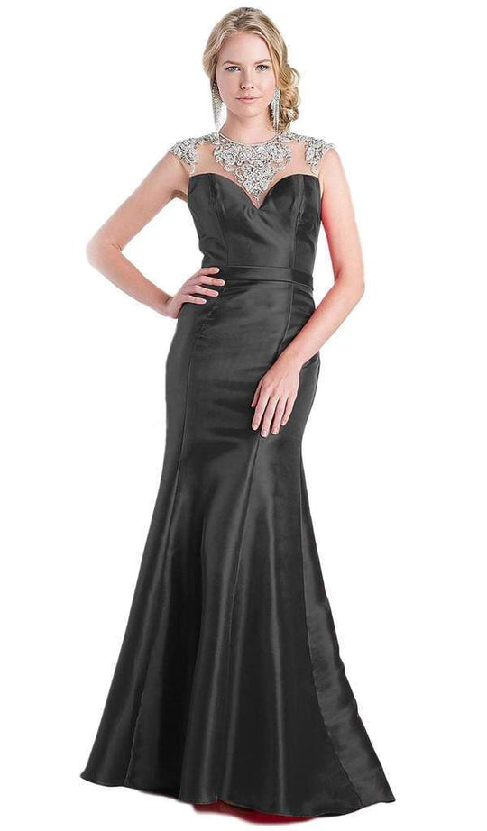 Cinderella Divine - Jewel Illusion Neckline Trumpet Dress CJ221 In Black