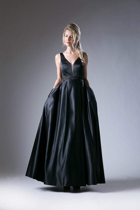 Cinderella Divine - CJ225 Beaded Belt Sleeveless Satin Evening Gown In black