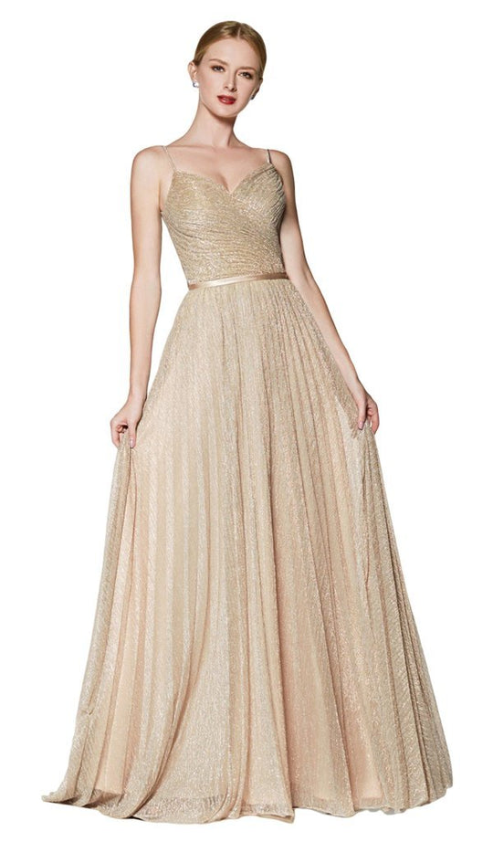 Cinderella Divine - CJ269 Shirred V Neck Metallic Knit A-Line Gown In Gold